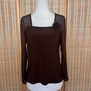 Susan Lawrence brown mesh vintage y2k 3/4 square neck top size petite L